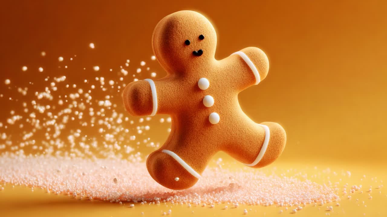 A cheerful gingerbread cookie character joyfully dashes across a vibrant orange background, leaving a sprinkle of sugar behind, capturing the festive spirit of the holiday season with its playful and delightful presence