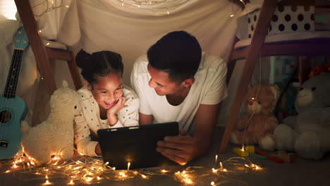 tent, father and girl on tablet at night watching