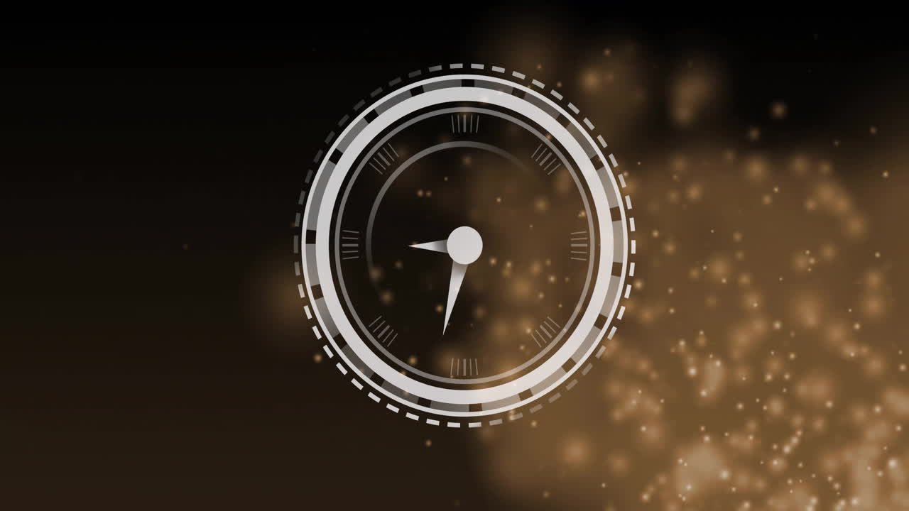 Animation of clock and digital data processing over glowing spots on dark background