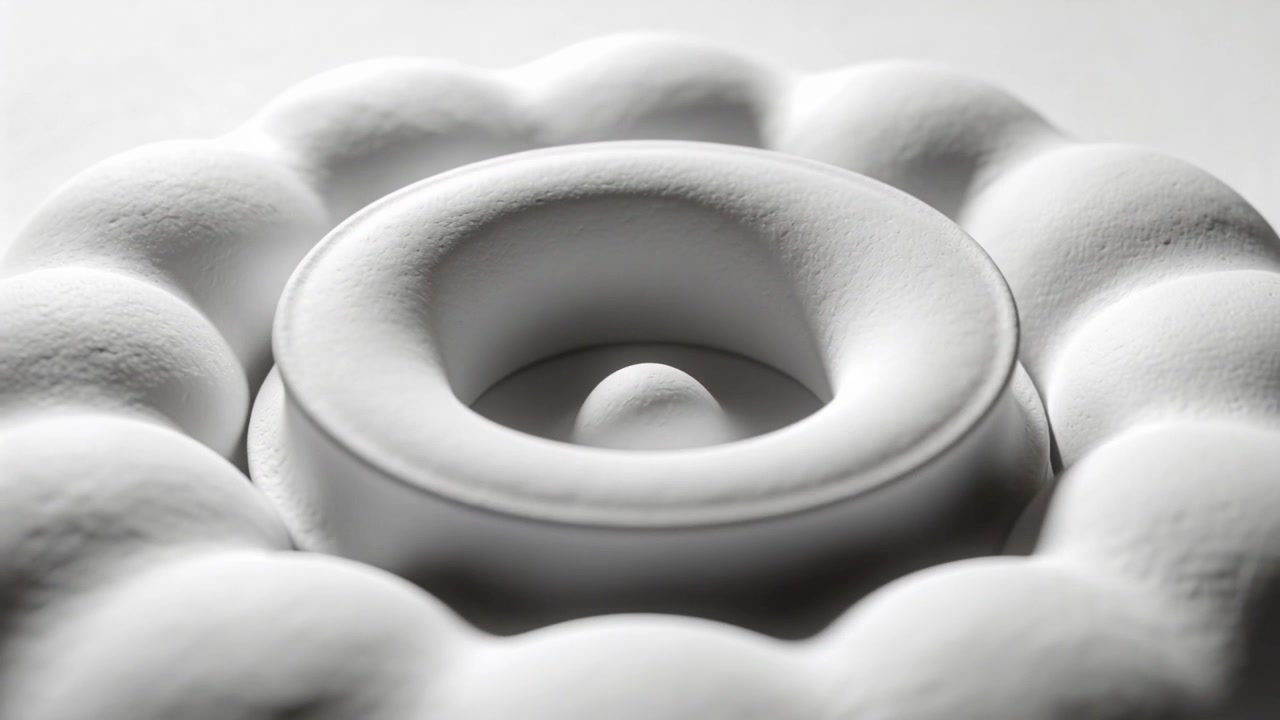 Camera shifting, showing white torus on studio table while central nub rising under soft left light