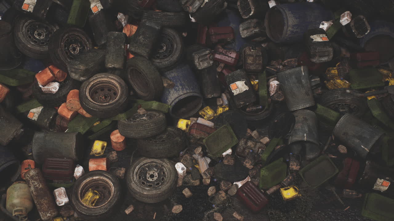 Large pile of discarded tires and waste materials in a junkyard
