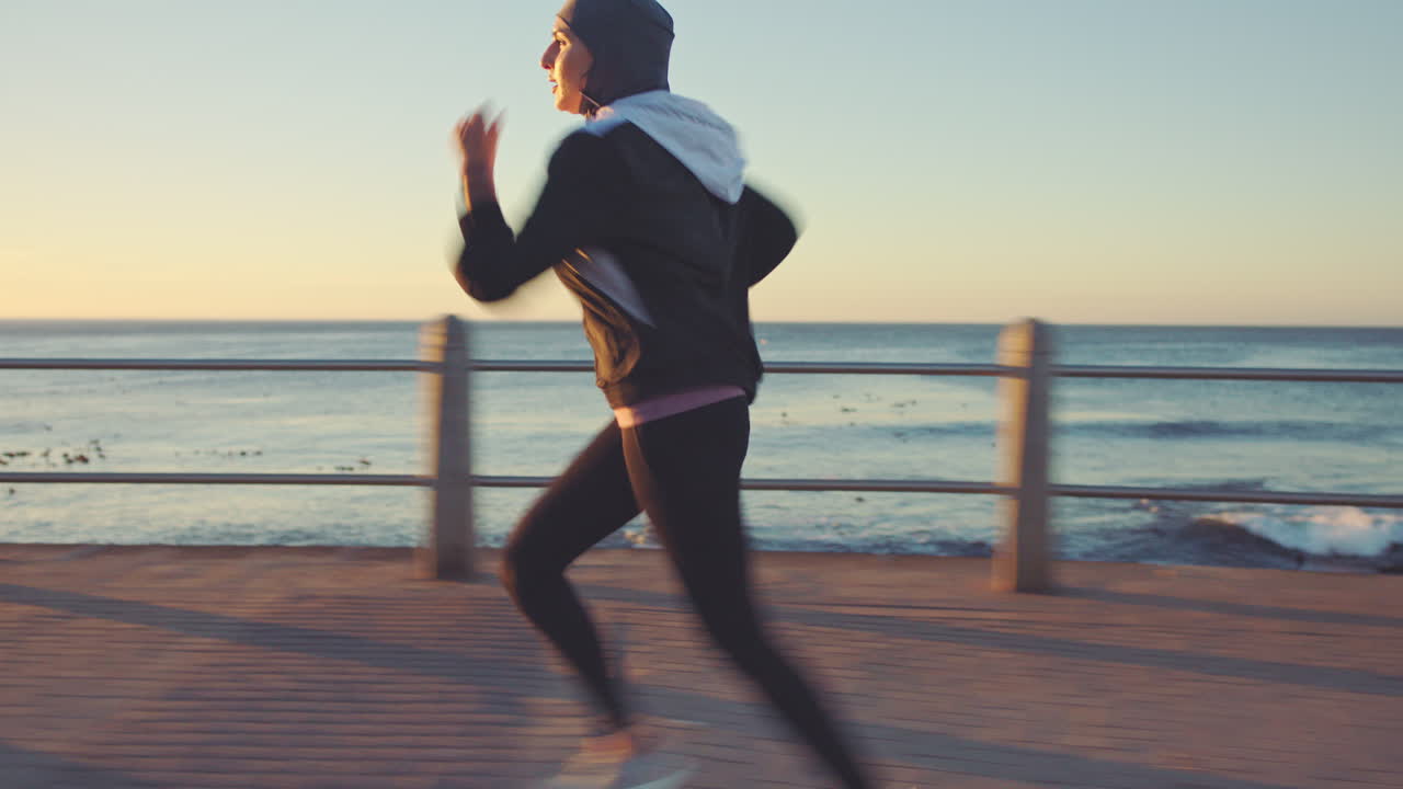 Running, woman and Muslim with speed