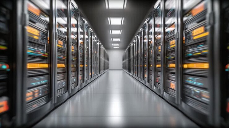 A View Through a Modern Data Center with Multiple Server Racks Showing Intricate Wiring and Bright LED Lights Amidst a Sleek and Future-Ready Environment