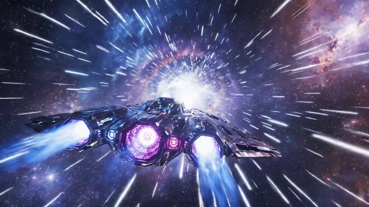 Un'astronave futuristica sfreccia attraverso uno straordinario motore a curvatura, circondata da uno sfavillante spettacolo di luce cosmica e nebulose colorate nella vastità dello spazio.