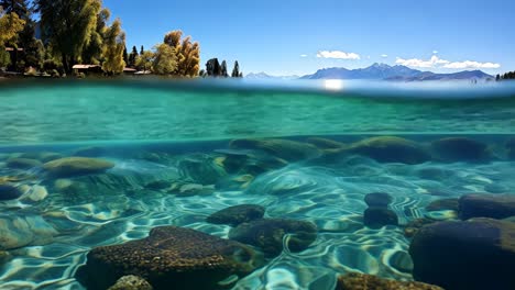 peaceful lake with clear water, mountains, trees, and blue sky