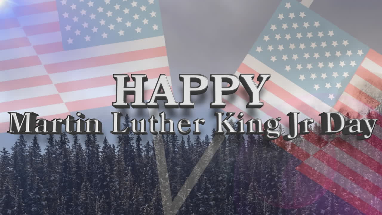 행복한 마틴 루터 킹 주니어 데이 텍스트와 미국  ⁇ 발과 나무로 된 풍경