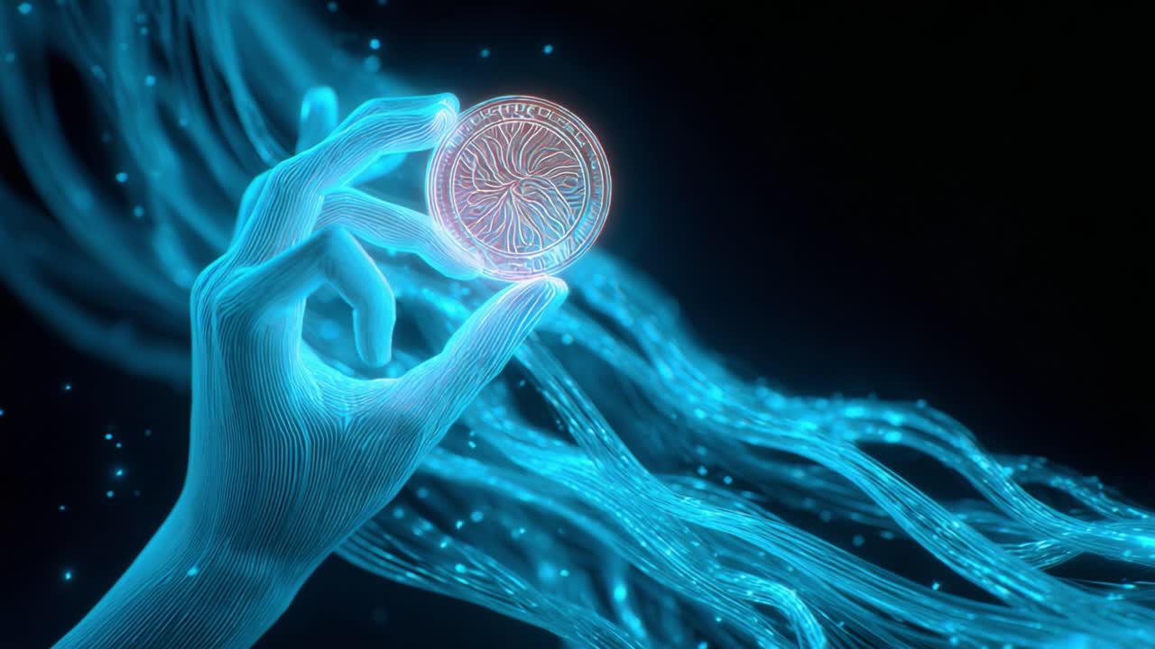 Digital hand holding a glowing cryptocurrency coin against a background of flowing data streams, representing blockchain technology, fintech innovation, and virtual finance in the metaverse