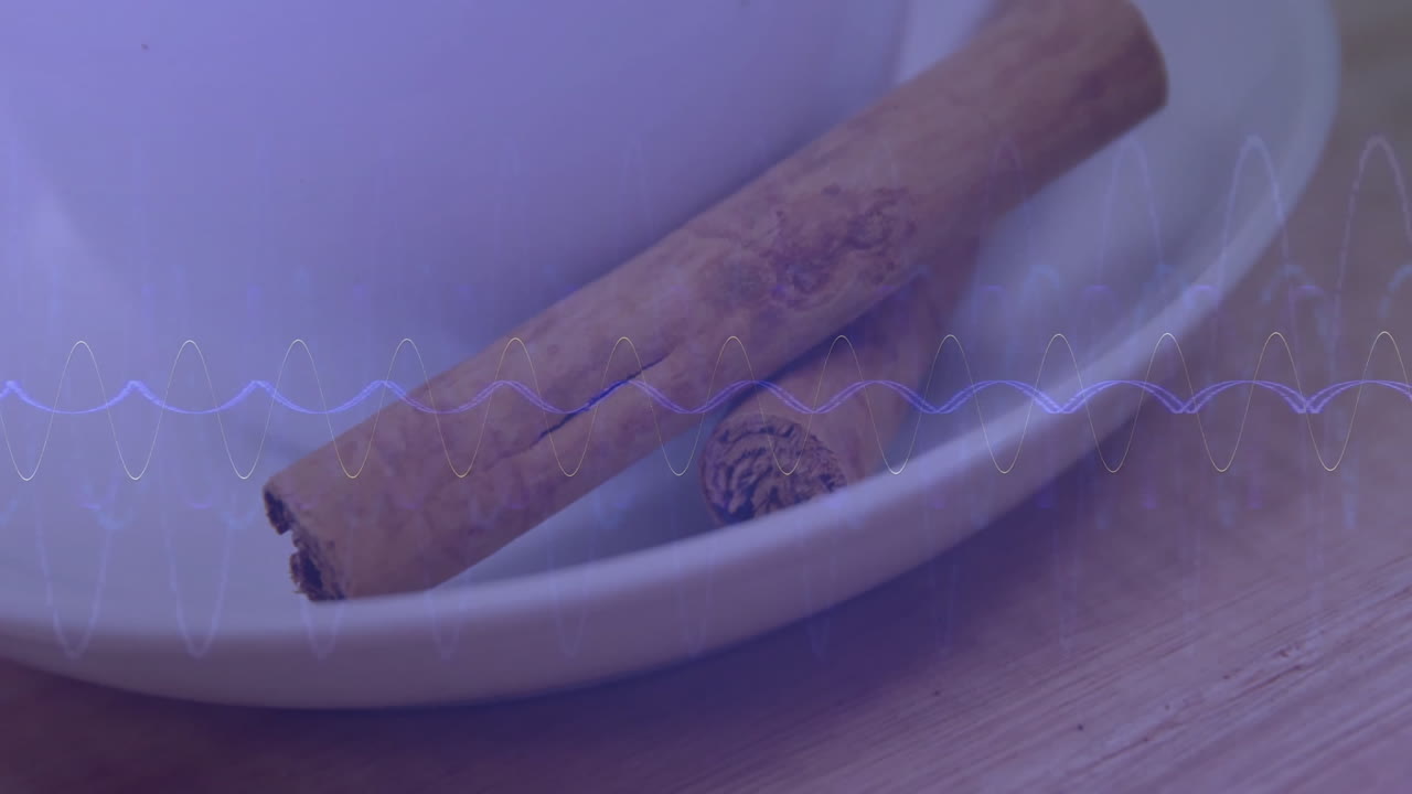 Purple blue audio waveform overlay moving over cinnamon sticks inside bowl on table, in flat design