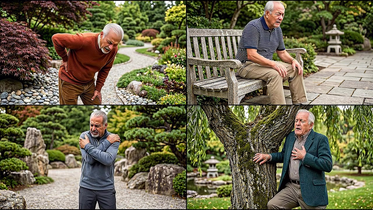 Senior adult experiencing back or knee pain during daily activity and recovery process