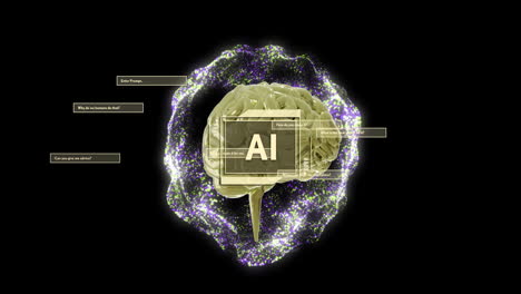 Animación-De-Texto-Ai,-Cerebro-Humano-Y-Procesamiento-De-Datos-Digitales-Sobre-Fondo-Oscuro