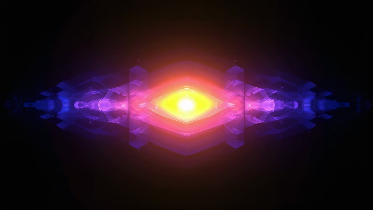 Pulsing centered form on play, contracting returning on black, yellow-core magenta-halos blue-wings