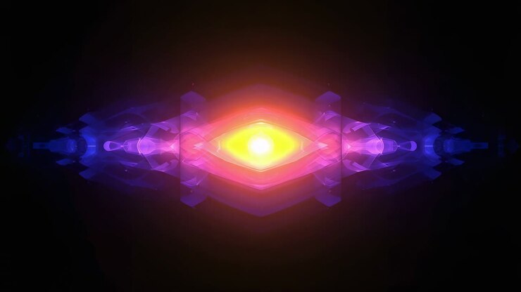Pulsing centered form on play, contracting returning on black, yellow-core magenta-halos blue-wings