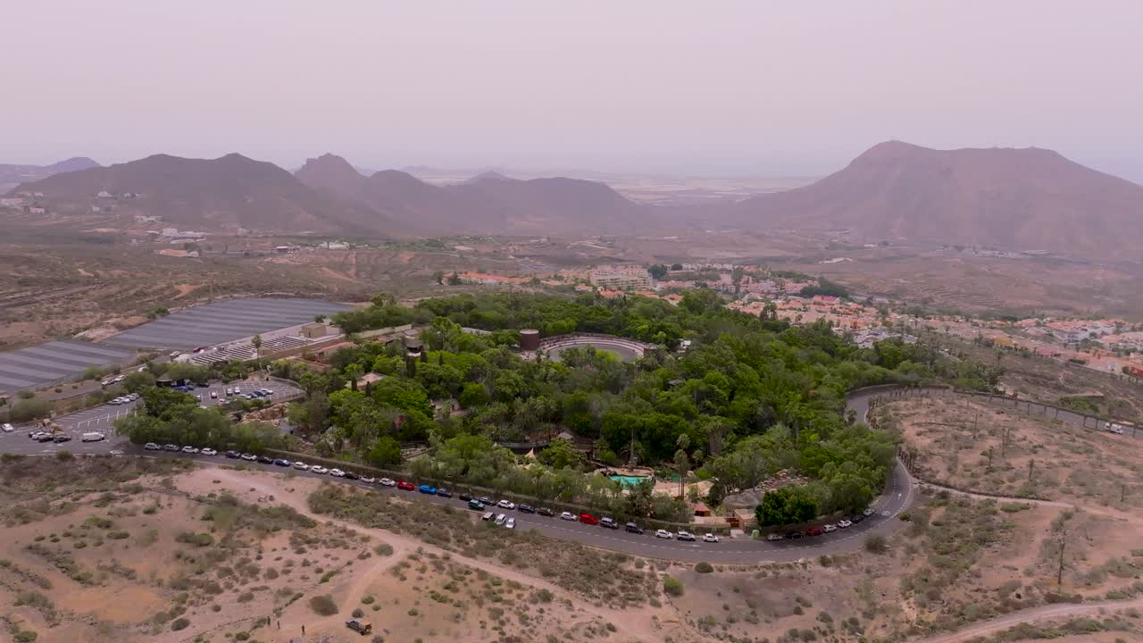 Aerial view of Las Aguilas Park in dusty Calima weather, Tenerife
