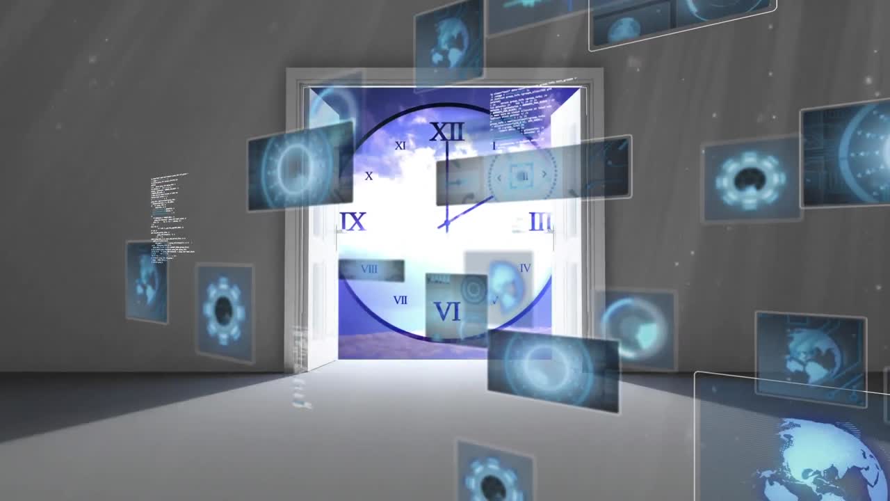 animación del procesamiento de datos con escaneo de alcance sobre la puerta y el reloj.