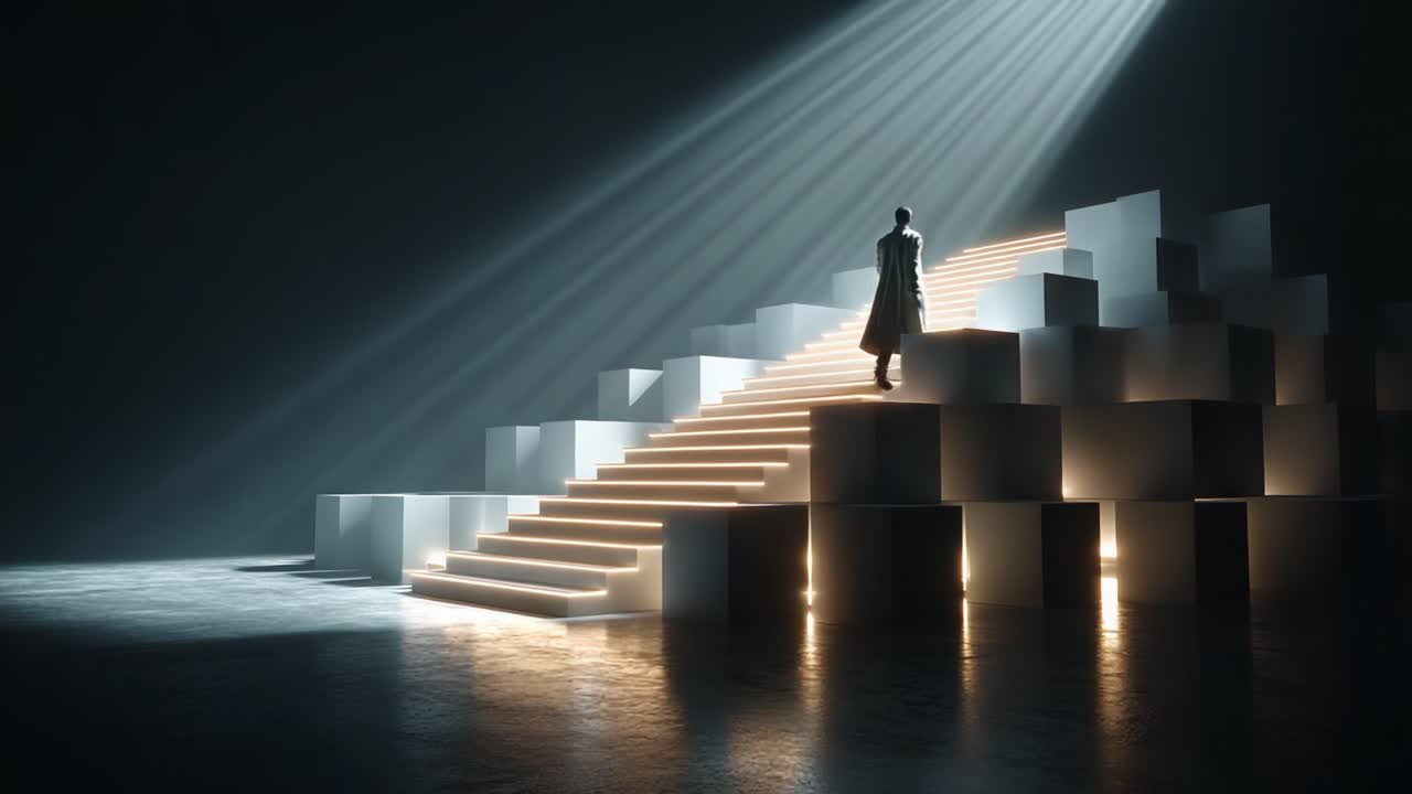 A solitary figure walks up a series of illuminated steps, bathed in dramatic light, creating a captivating visual journey symbolizing ambition and elevation