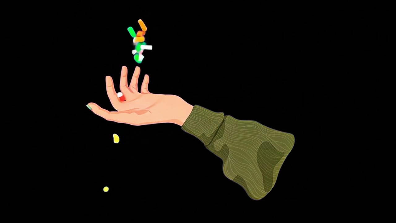 Animated Hand Juggling Colorful Pills Against Black Background
