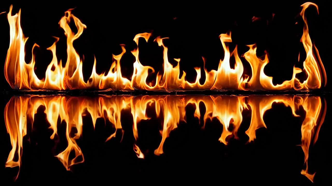 물 속의 반사와 함께 검은 바탕에 불꽃