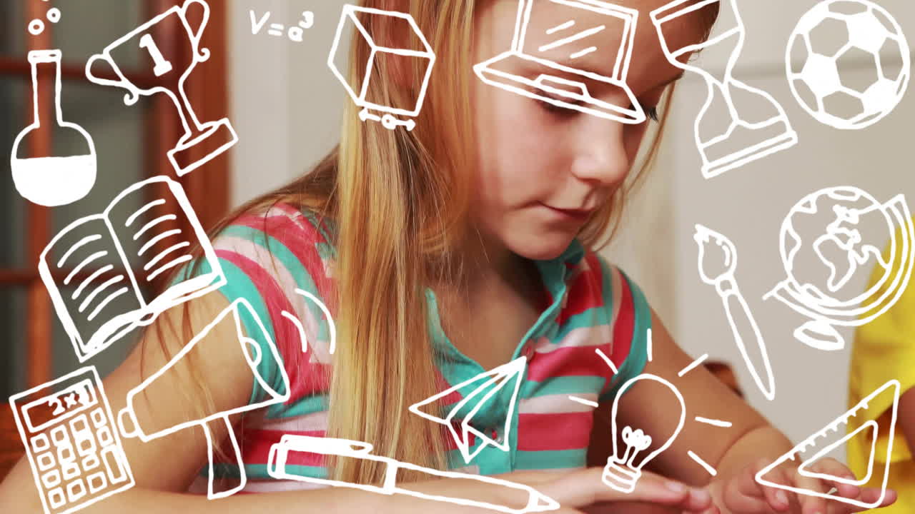 estudiando en el escritorio, chica rodeada de iconos de animación con temas educativos en la escuela