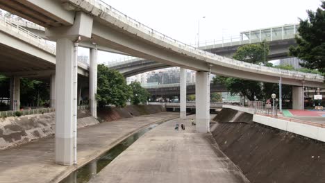 urban draining canal in downtown hong kong, aerial view