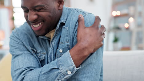 problem, shoulder pain and black man on sofa