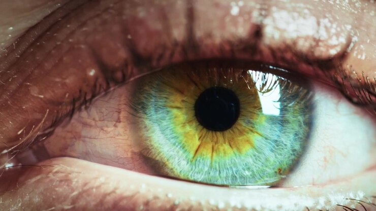 Extreme close-up van een menselijk oog met groene en bruine iris, knipperend en verwijdend