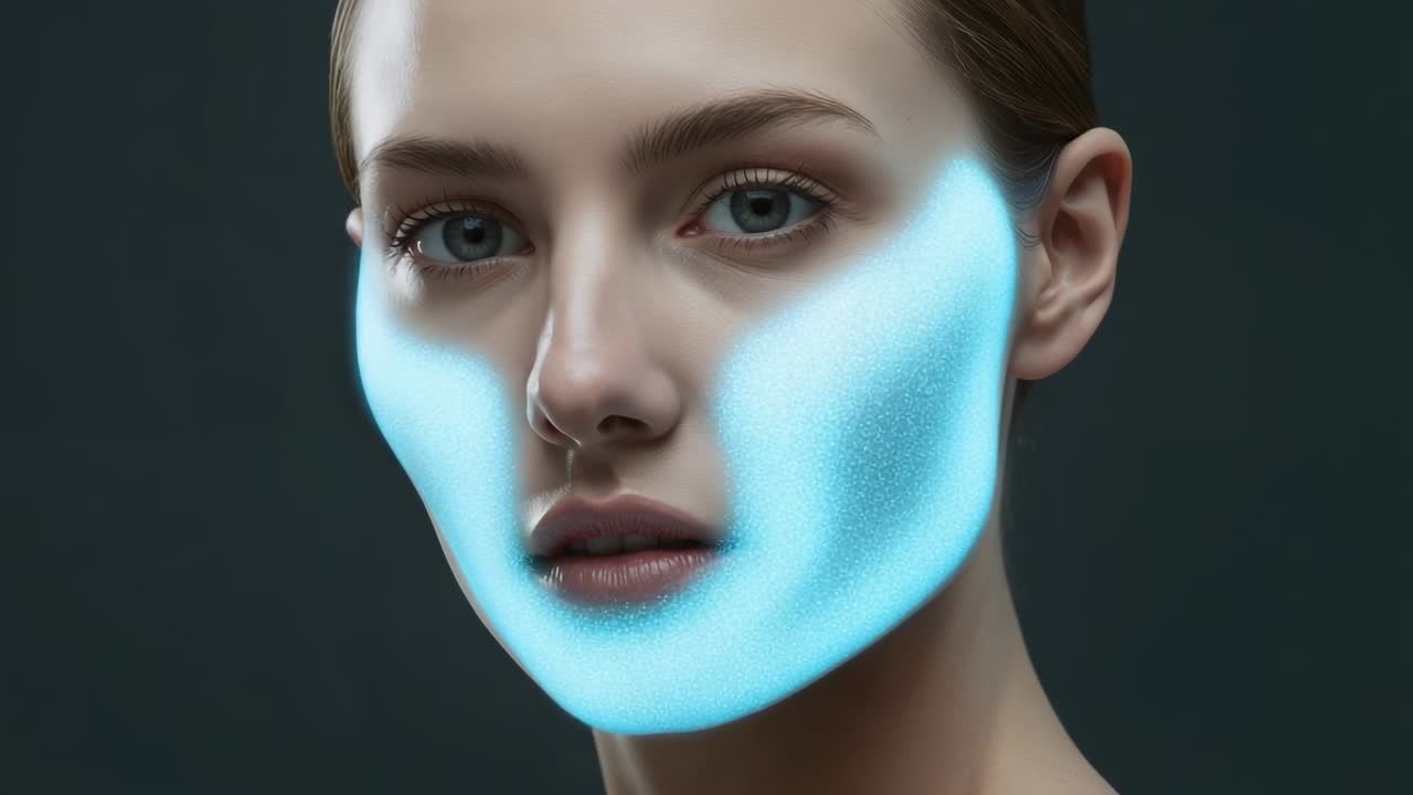 Cyan patch appearing on right cheek, cyan mask spreading across woman's lower face in studio demo