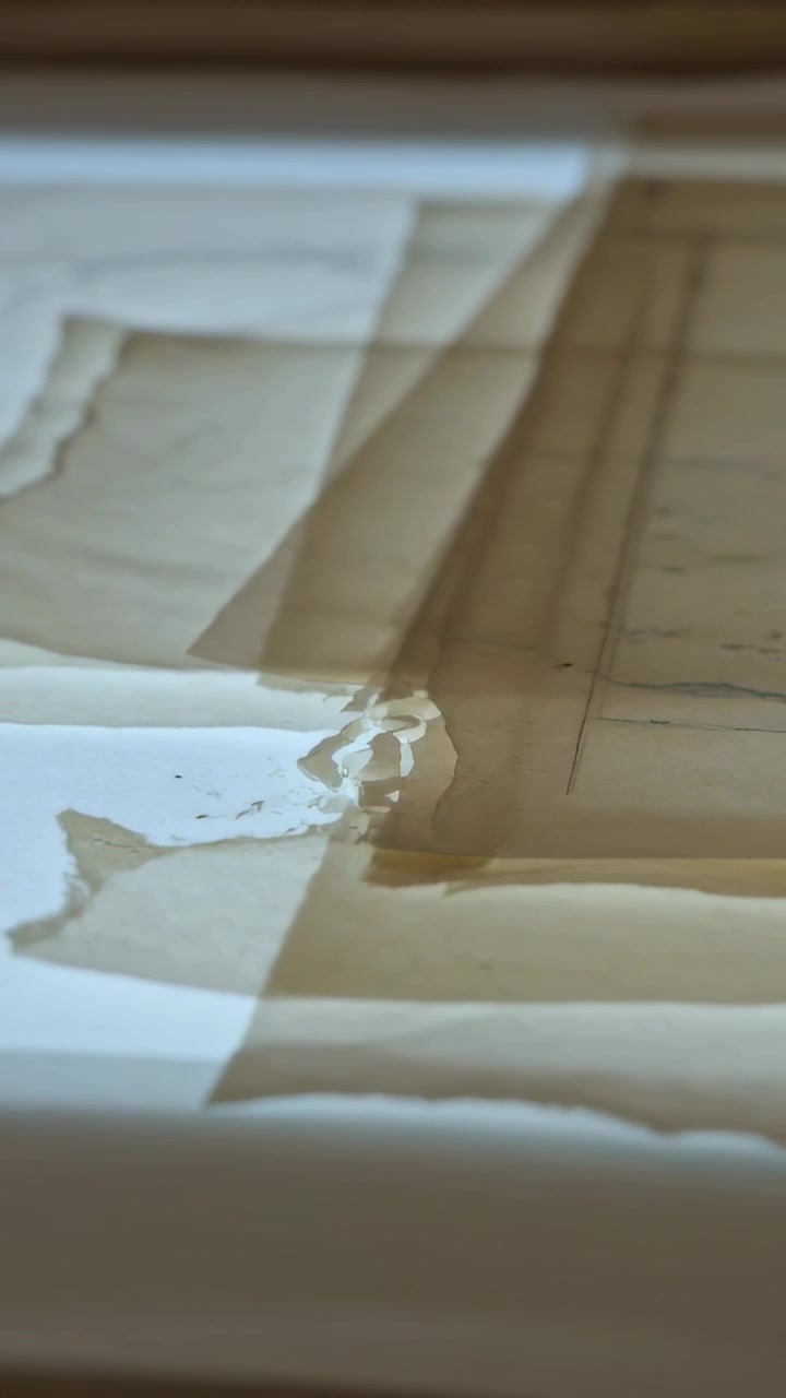 Vertical video: Pooling brown liquid making stacked torn sheets seeping along edge on table, specks