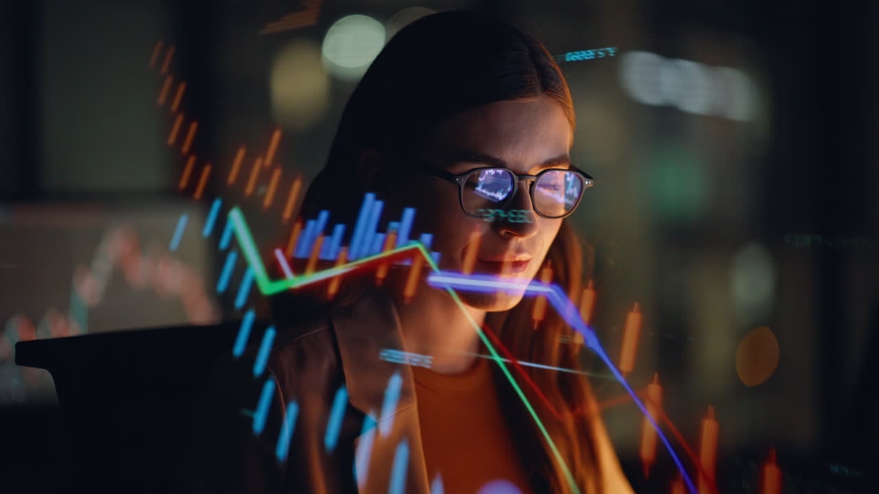 Closeup woman glasses charts. Businesswoman looking at cryptocurrency bitcoin