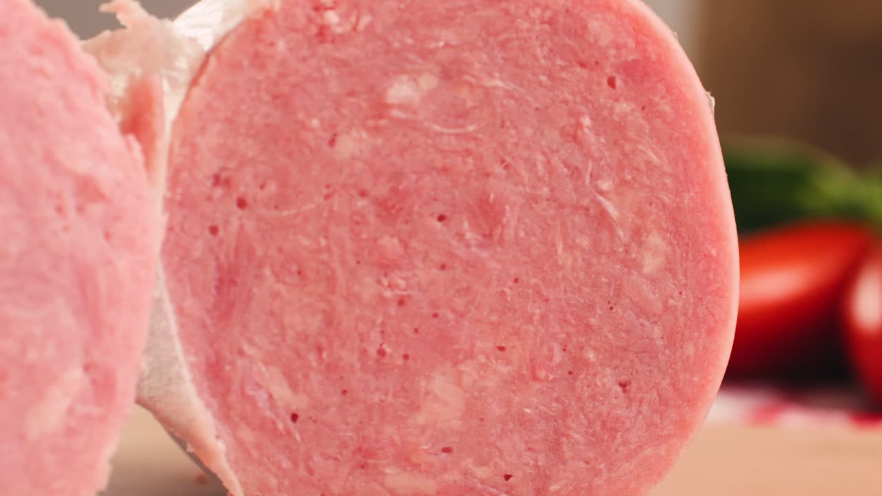 Ham italian mordatella, man Slices Of Traditional Italian antipasti mortadella sausage on a wooden cutting board, close up macro of chicken or turkey jamon, fat breakfast dish.
