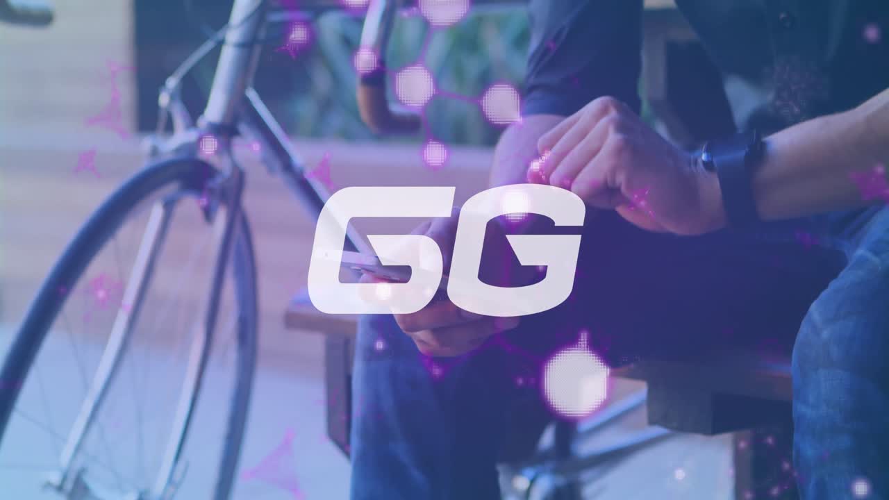 배경에서 스마트 폰을 사용하는 사람 위에  ⁇ 색으로 6g 텍스트의 애니메이션