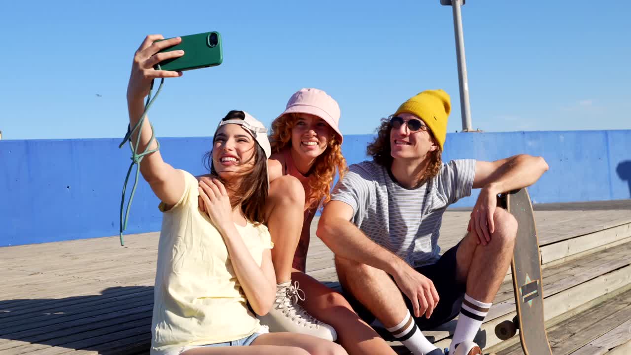 Friends Taking Selfie with Skateboard and Roller Skates
