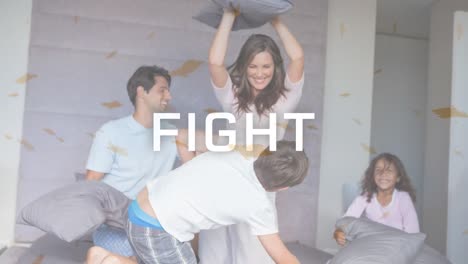 Fight-text-and-multiple-leaves-icon-falling-against-caucasian-family-playing-pillow-fight