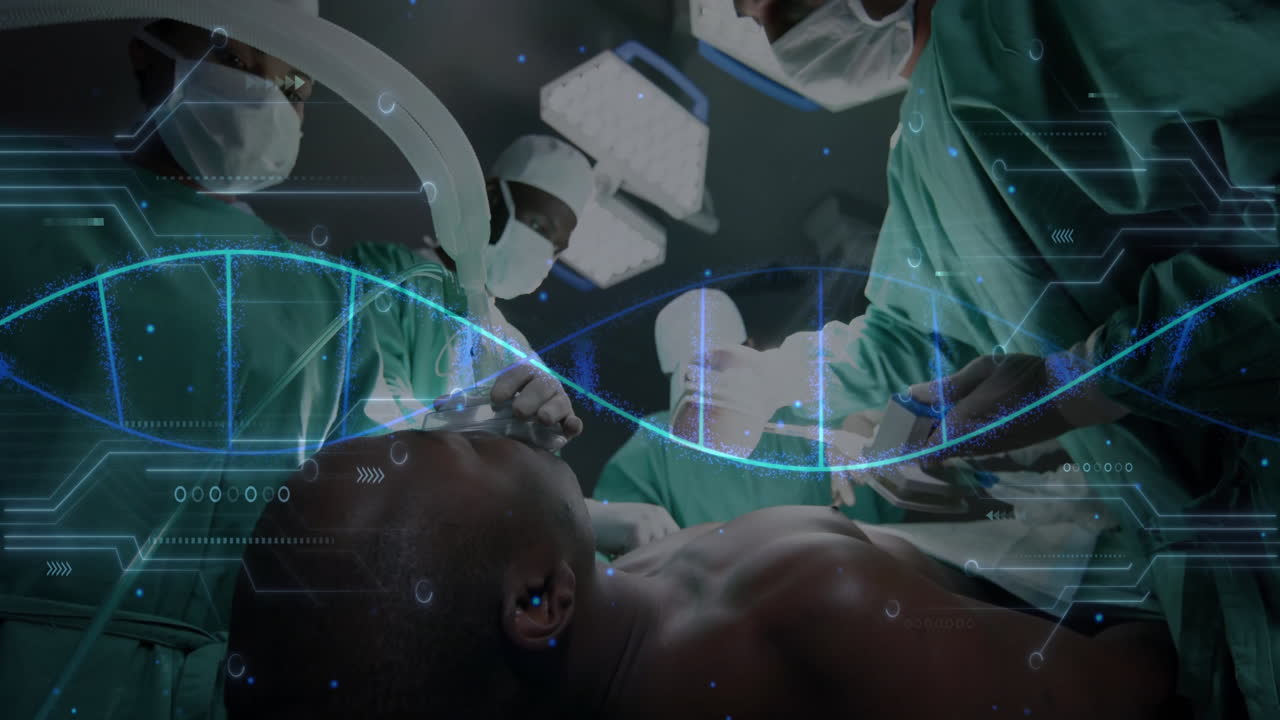animação de cadeia de dna sobre vários cirurgiões no hospital