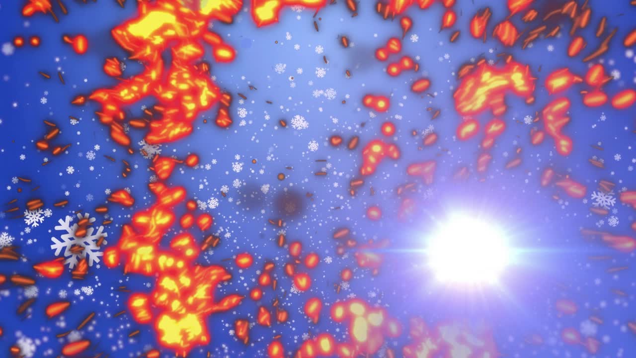 Embers appearing and scattering as snowflakes falling, flare shifting to create warm-cool interplay