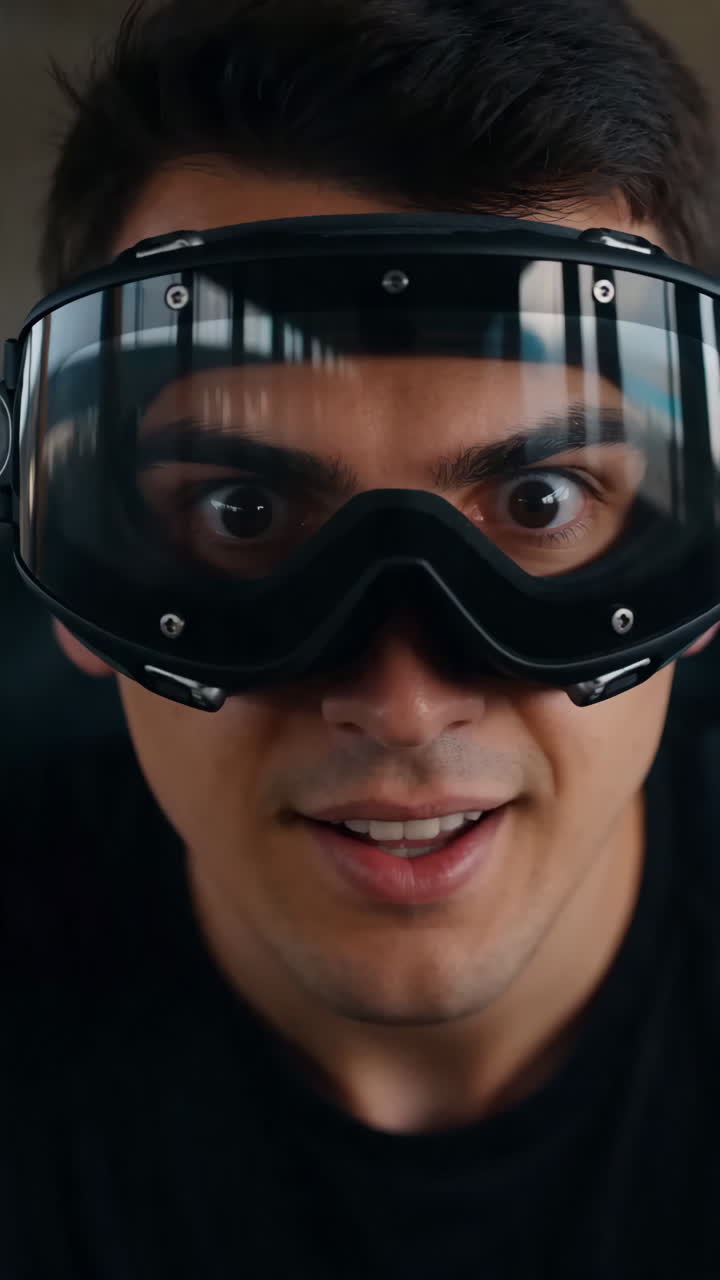 Abandoned Warehouse Drone Racing Through Dust. Young Pilot Wearing Goggles Executes Tight Passes