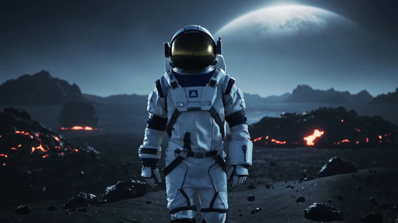 Gående astronaut i rumdragt bevæger sig frem mod kameraet på en fremmed slette, viser guldvisir og rygsæk.