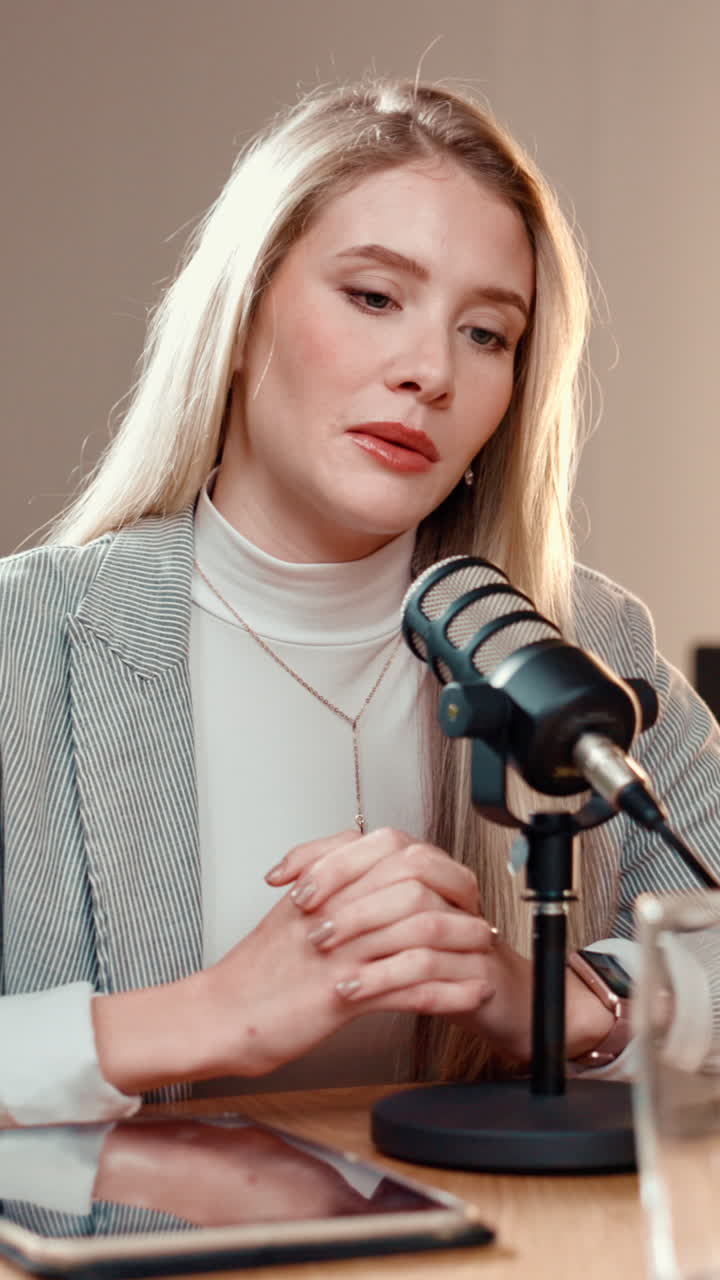 Woman recording podcast with microphone