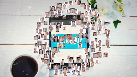 startup text animation over collage of diverse business people and coffee cup