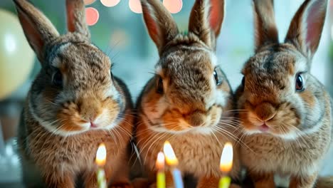 tres conejos sentados al lado de un pastel de cumpleaños con velas