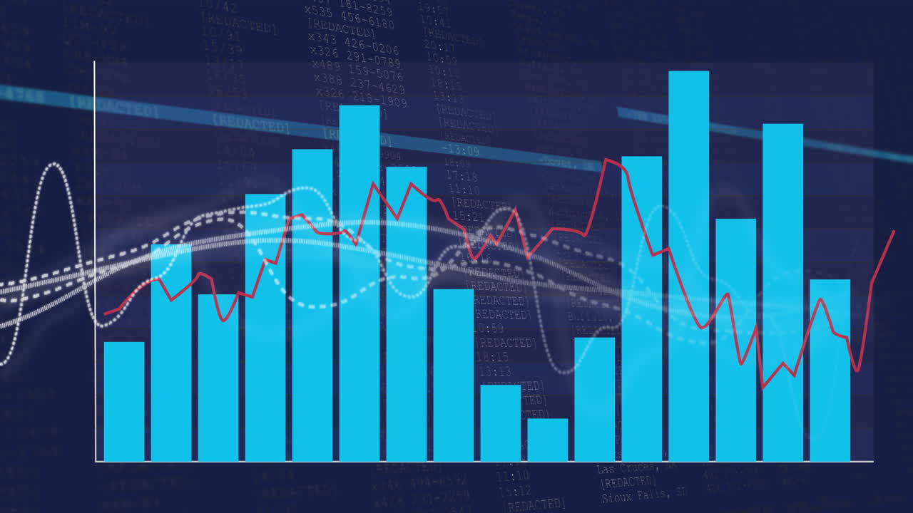 Blue bar graph and red line chart over digital data background animation