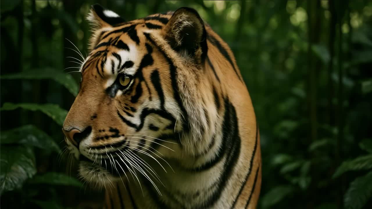 Fermo immagine video ravvicinato di una tigre in una giungla fitta, catturato all'altezza degli occhi