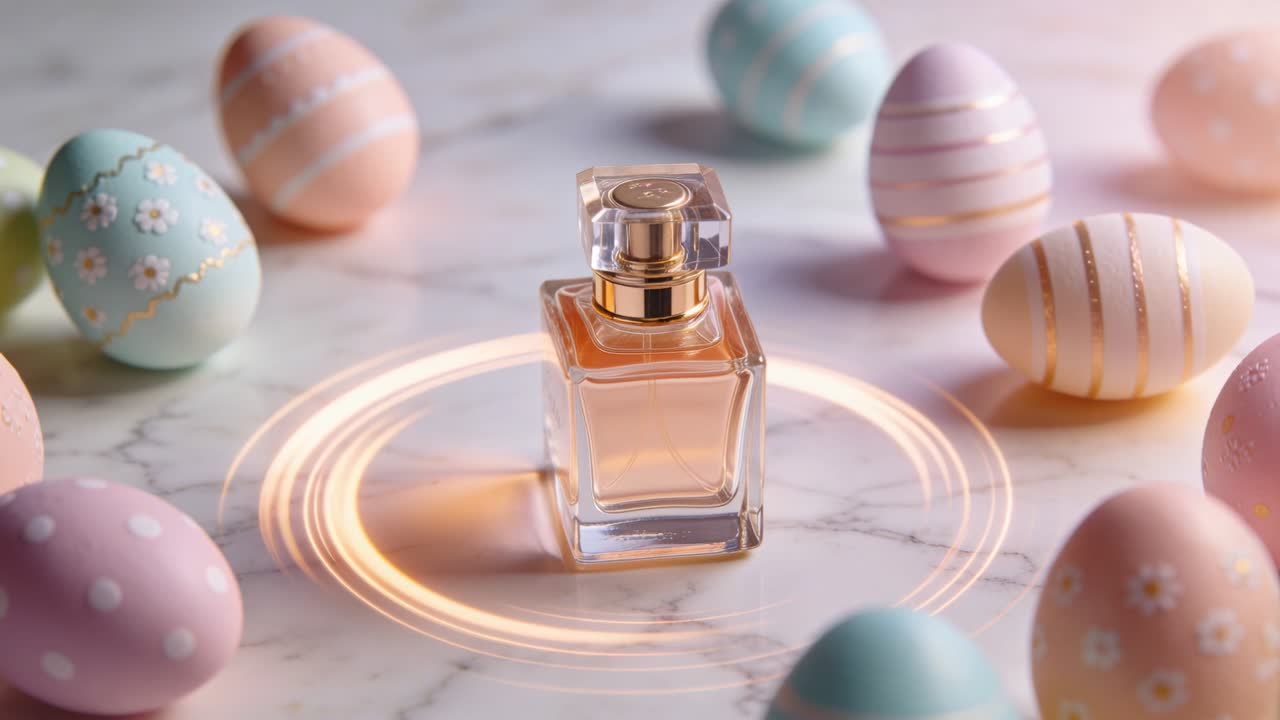 Flacone di profumo su marmo con luce che parte dalla base, anelli d'oro che orbitano evidenziando uova pastello per promozione.