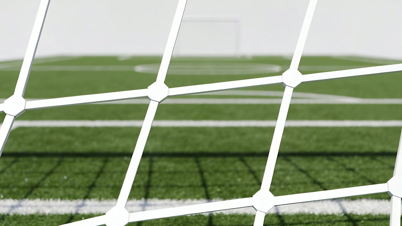 Swaying white goal net from camera shift at sports hall, showing turf, pitch lines, distant goal