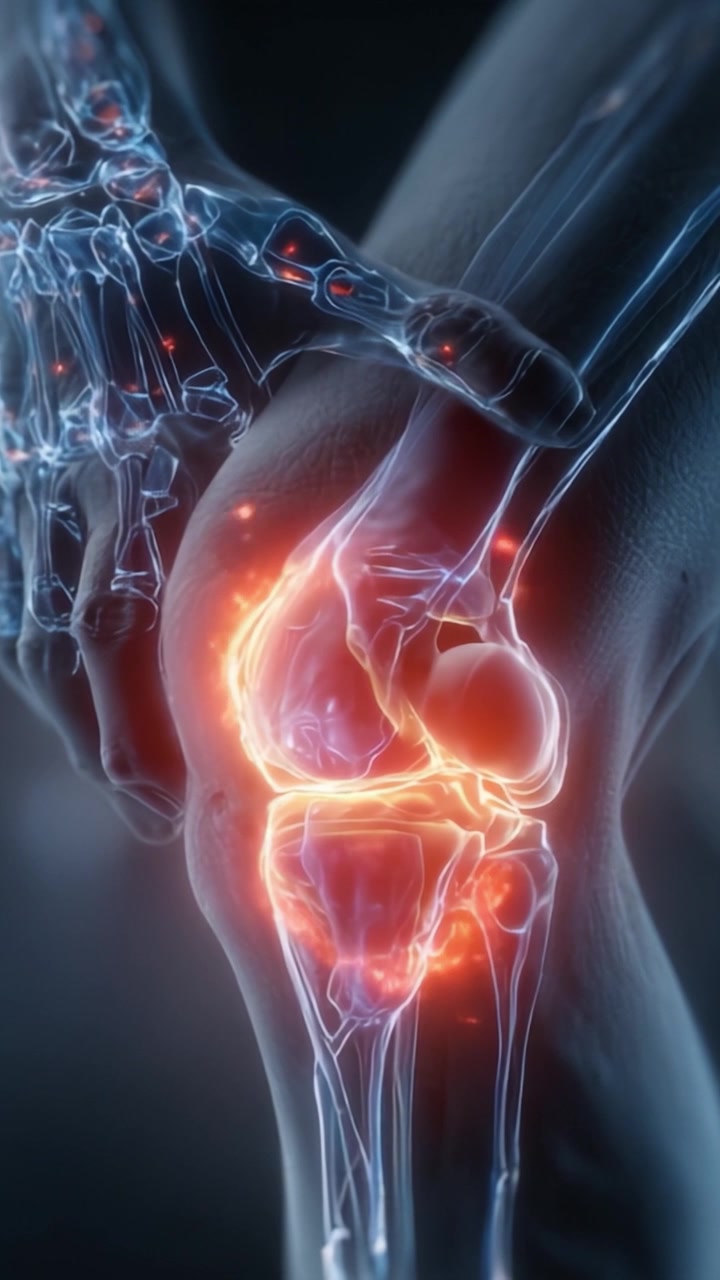 A detailed visualization of the knee joint highlighting dynamic movement and anatomical structure, showcasing the intricate relationship between bones, ligaments, and tendons.