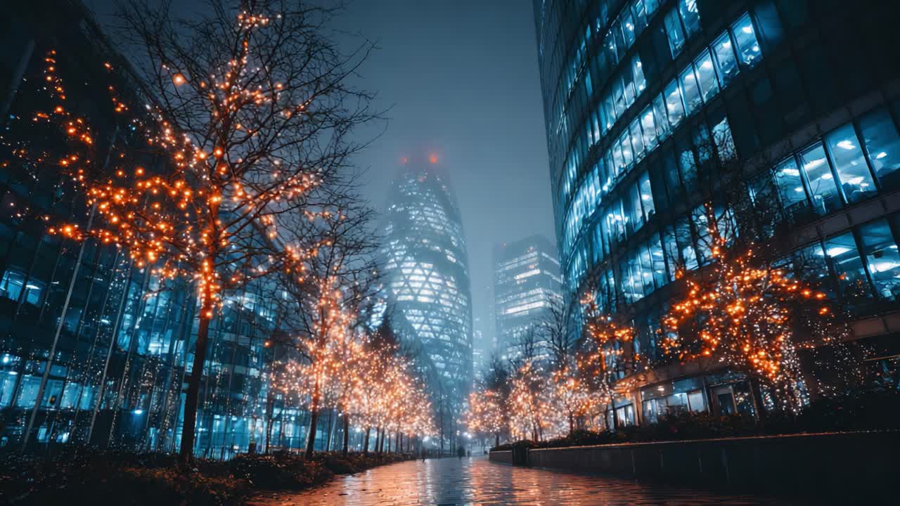 A Stunning Night Scene Capturing the Majesty of Urban Architecture Illuminated by Festive Lights, Creating a Magical Atmosphere Amidst Foggy Conditions
