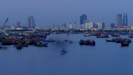 time lapse night to day of old port da nang vietnam holiday travel destination with traditional wooden fisherman boat