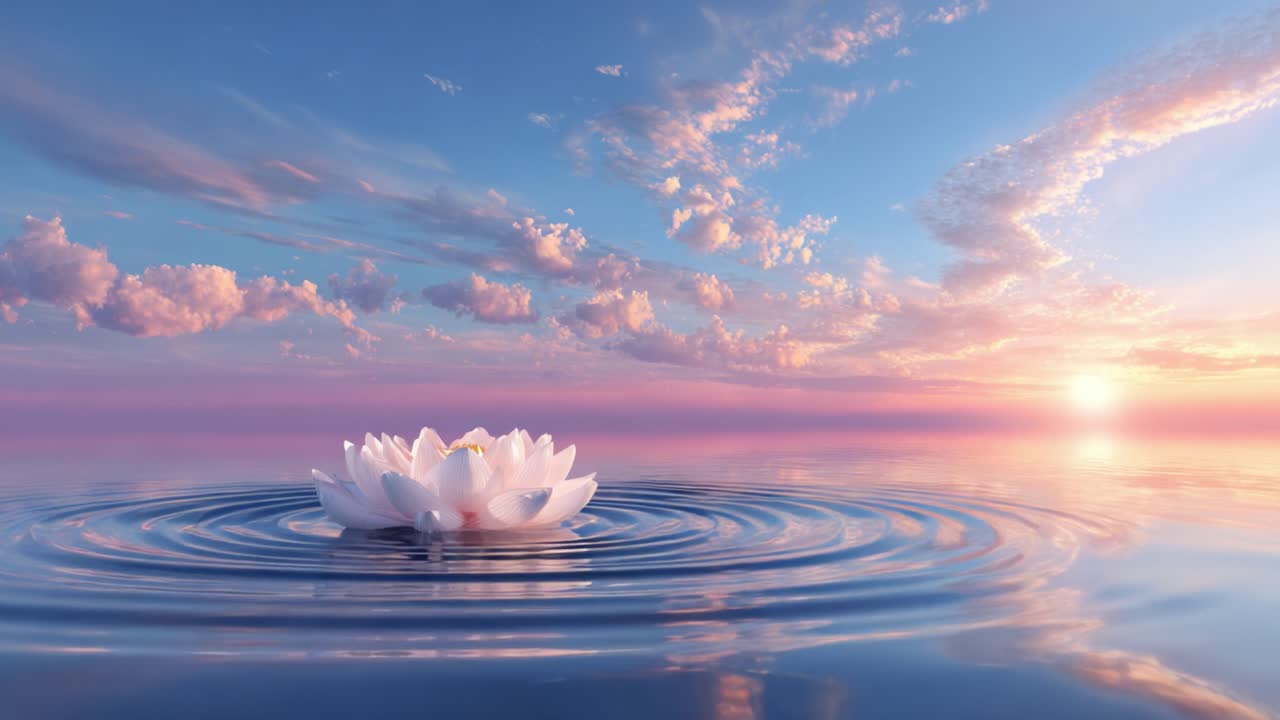 A Tranquil Lotus Blossom Floating on Serene Waters Under a Vibrant Sky at Sunset, Symbolizing Peace and Harmony in Nature's Embrace