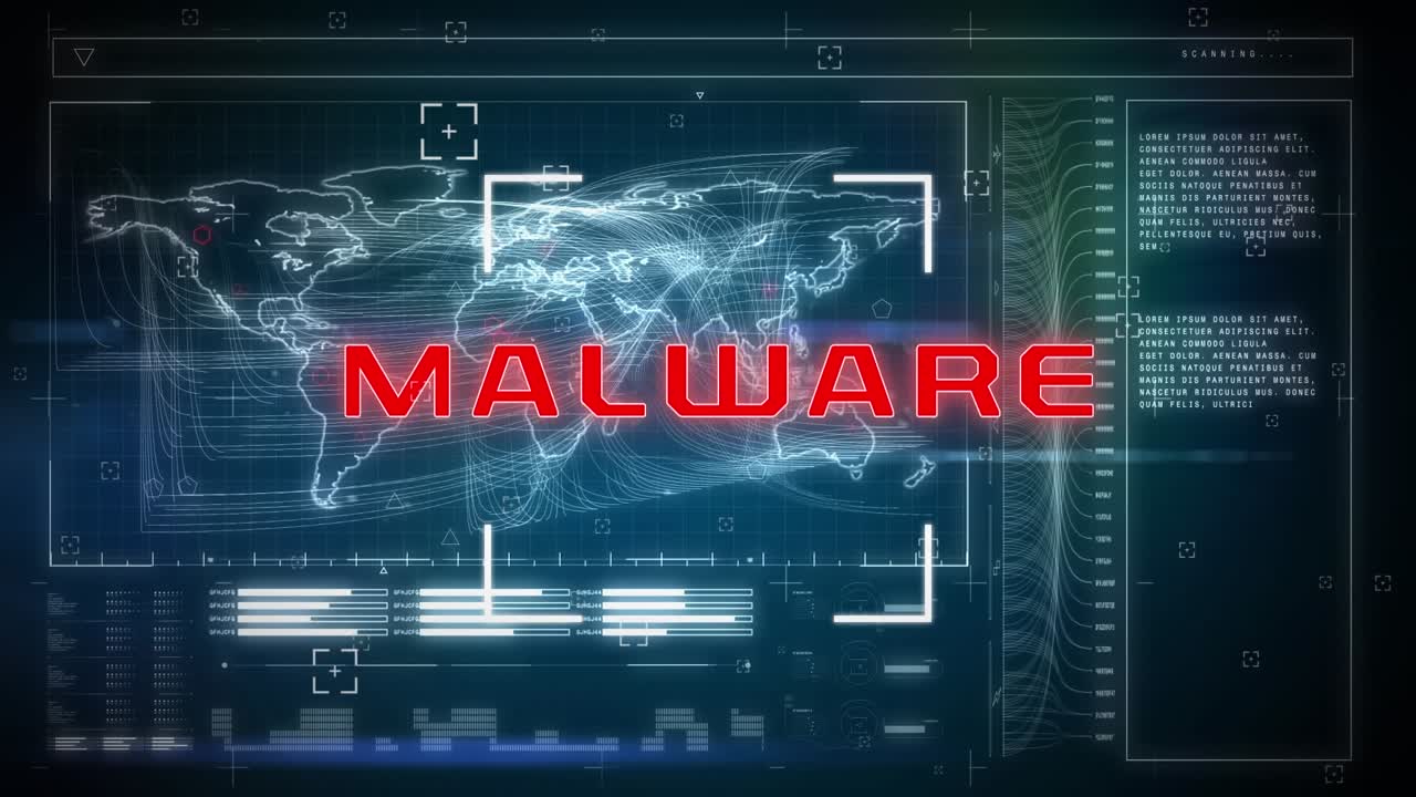 Animation af netværk af forbindelser og digital grænseflade og malware-tekst over mørk baggrund