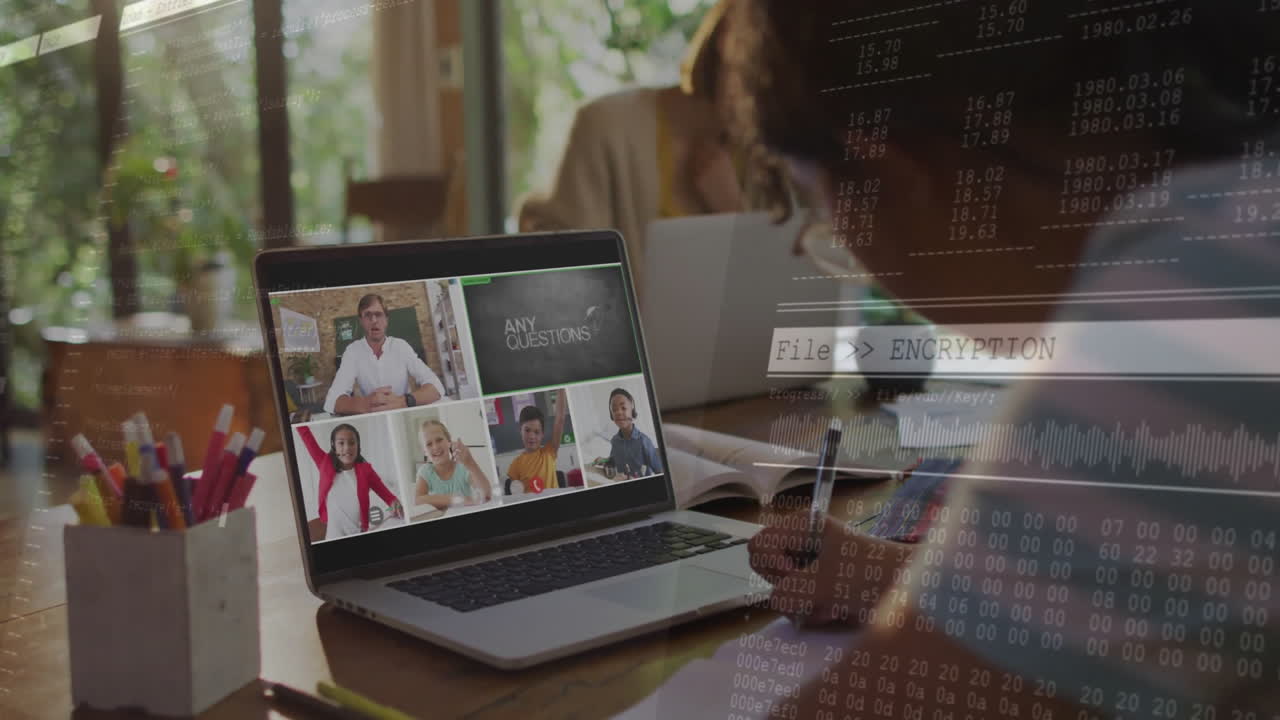 In home office, people on video call with encryption data animation overlay