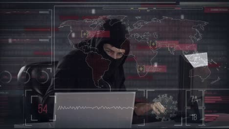 Animation-of-a-hacker-hooded-man-on-two-comuters-and-a-world-map-marks-with-red-zones